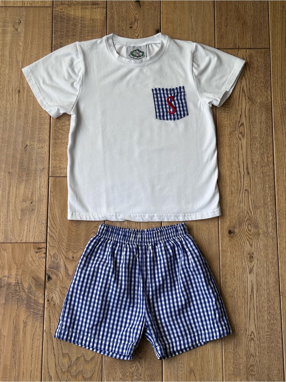 Cecil and Lou Blue Check Monogram “S” Pocket Short Set size 4T